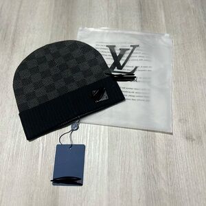 Monogram Pattern Knit Beanie in Black and Dark Gray